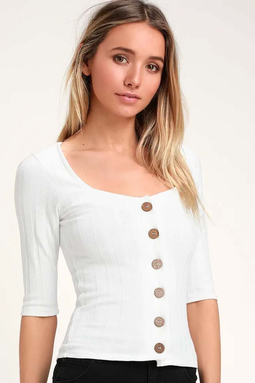 Free People Central Park Ribbed Button Cardigan White Top